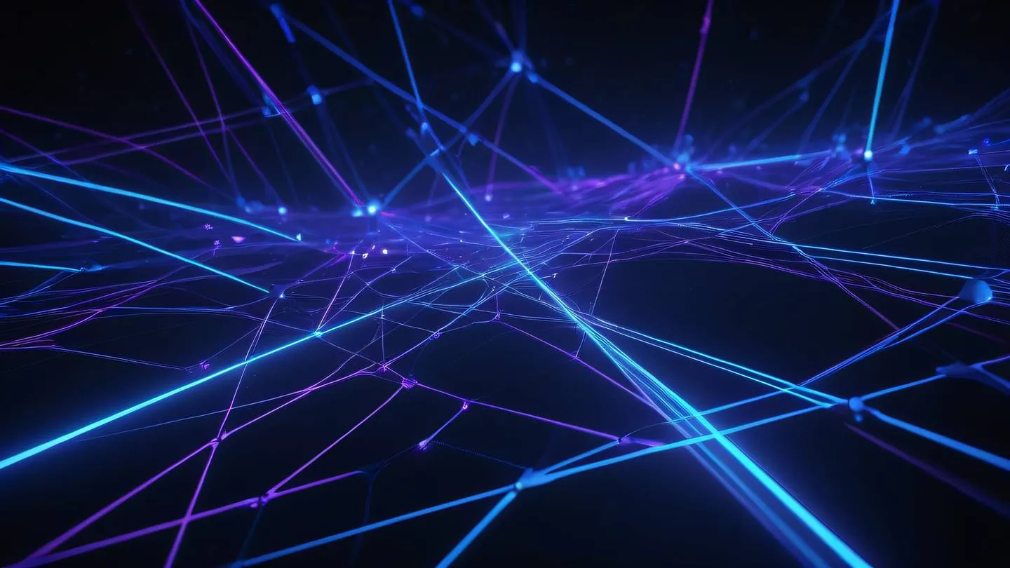 A futuristic network web of glowing blue and purple neon lines interconnecting across a dark space background representing a digital framework high-quality ultra-realistic cinematic 8K UHD high resolution sharp and detail