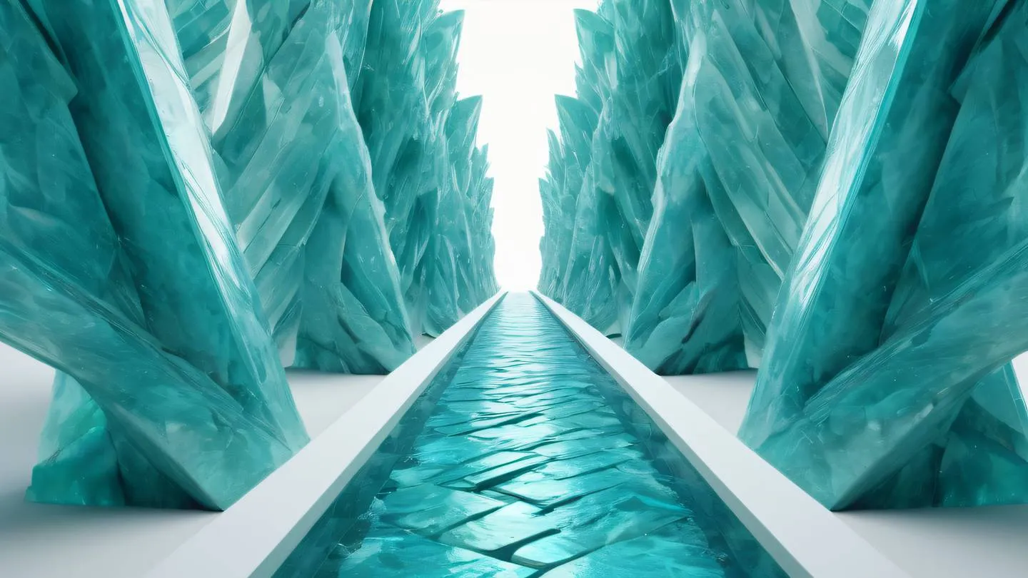 Abstract geometric patterns forming a pathway or bridge made of crystalline gem-like structures in turquoise sapphire and emerald colors flowing through a pristine white space high-quality ultra-realistic cinematic 8K UHD high resolution sharp and detail