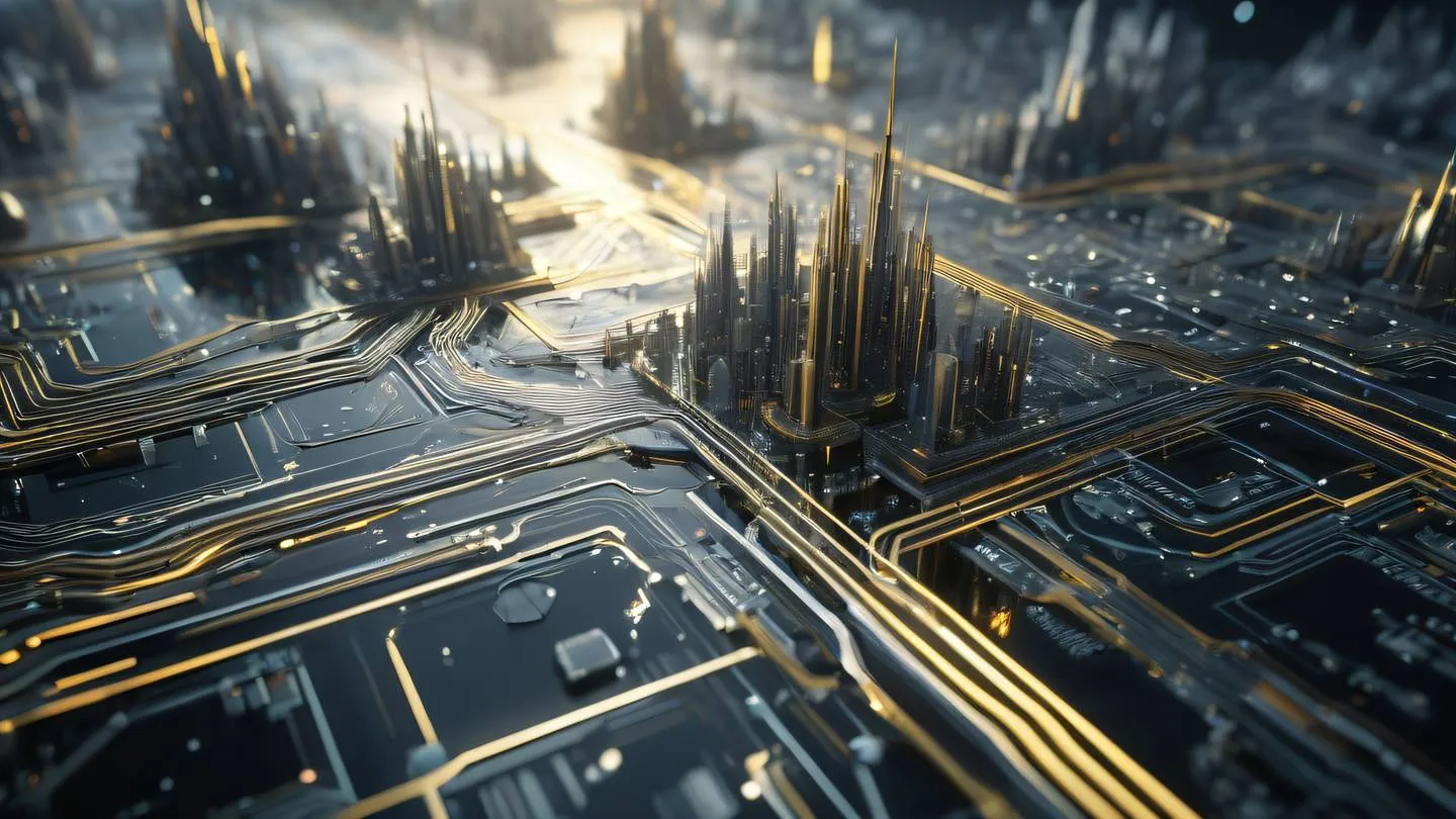 A futuristic technological landscape with interconnected glowing circuits and nodes spreading across a silver and gold crystalline surface high-quality ultra-realistic cinematic 8K UHD high resolution sharp and detail