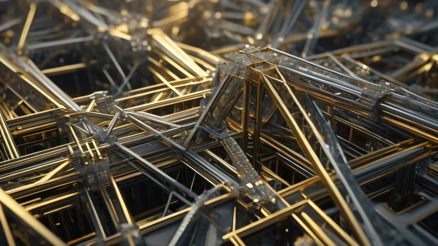 Geometric crystalline structures in gold and gray tones forming intricate patterns of connection and growth high-quality ultra-realistic cinematic 8K UHD high resolution sharp and detail