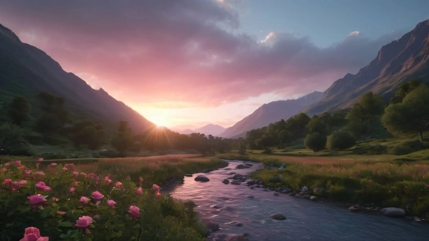 A serene mountain valley with flowing streams and lush vegetation featuring bright rose-colored sunset sky reflecting in crystal clear water ultra-realistic cinematic 8K UHD high resolution sharp and detailed