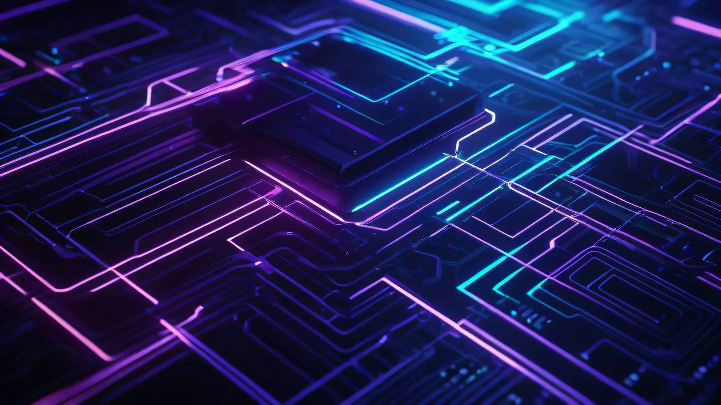 Abstract geometric patterns inspired by computer circuits featuring glowing neon blues and purples against a dark background with flowing energy lines ultra-realistic cinematic 8K UHD high resolution sharp and detailed