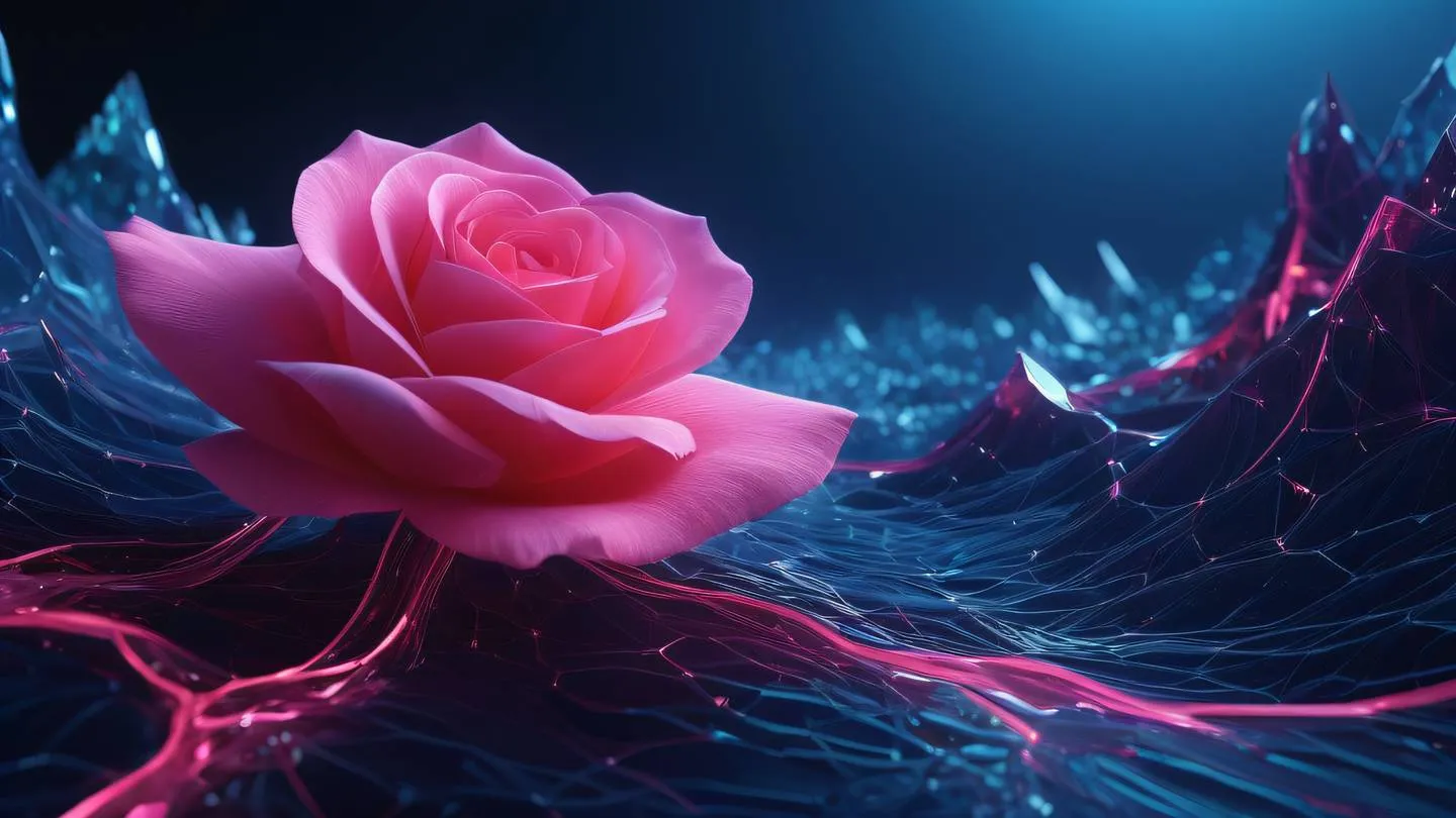 A flowing abstract landscape with interconnected crystalline structures featuring bright rose and neon pink hues blending into deep navy blues ultra-realistic cinematic 8K UHD high resolution sharp and detailed