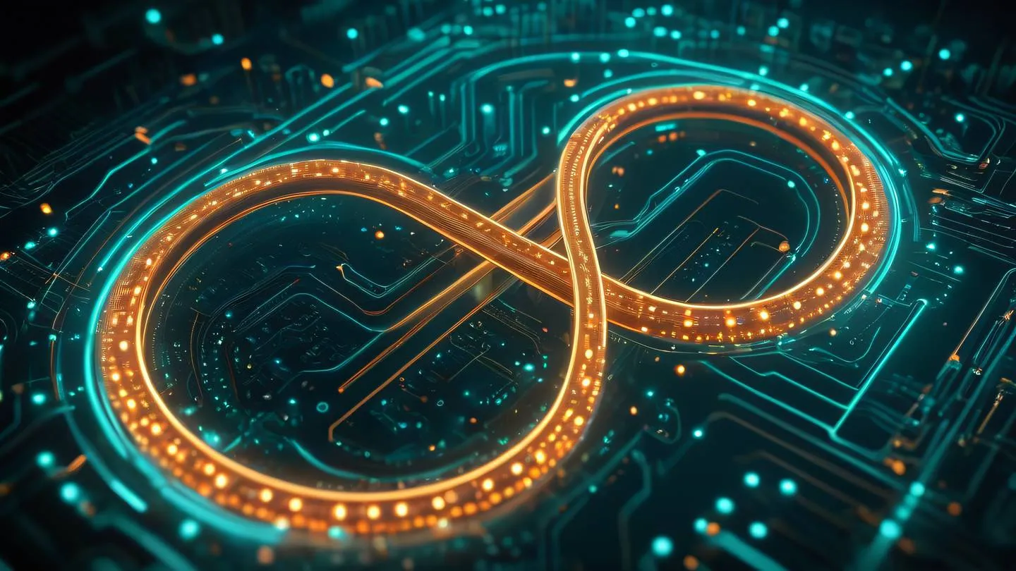 A smooth flowing infinity symbol made of glowing circuits and digital particles featuring bright teal and orange colors flowing through transparent tubes ultra-realistic cinematic 8K UHD high resolution sharp and detail