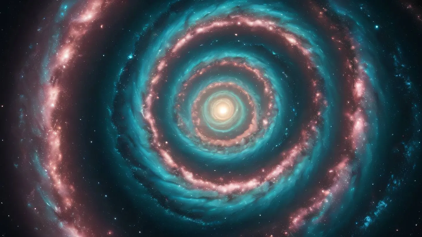 Spiral galaxy-like formation made of flowing energy streams and particle effects in bright teal and rose colors against a dark background high-quality ultra-realistic cinematic 8K UHD high resolution sharp and detail