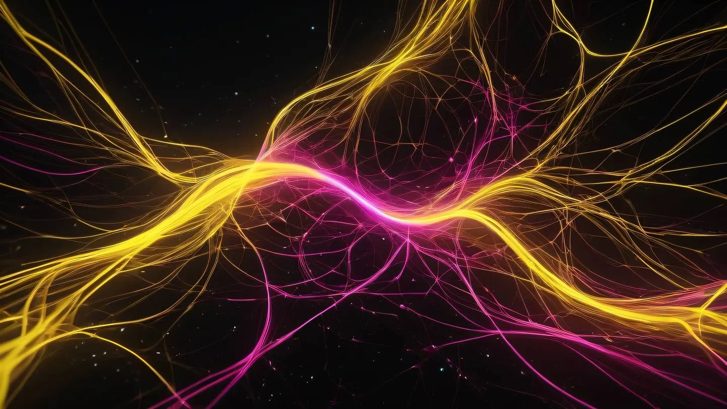 Abstract flowing streams of bright yellow and pink energy forming interconnected nodes and pathways against a dark background high-quality ultra-realistic cinematic 8K UHD high resolution sharp and detail