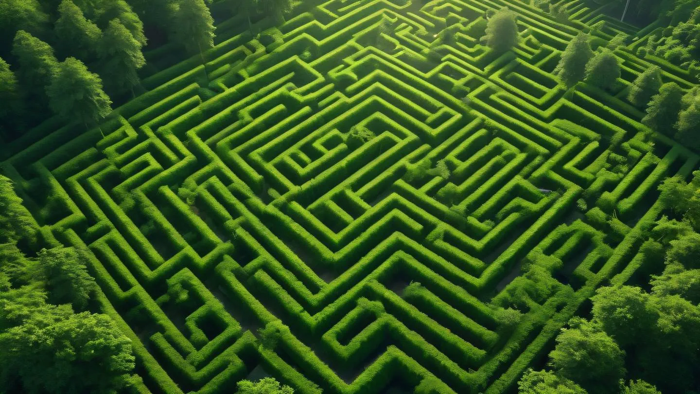 Aerial view of bright green maze-like patterns in a lush forest landscape with sunlight creating dynamic shadows high-quality ultra-realistic cinematic 8K UHD high resolution sharp and detail