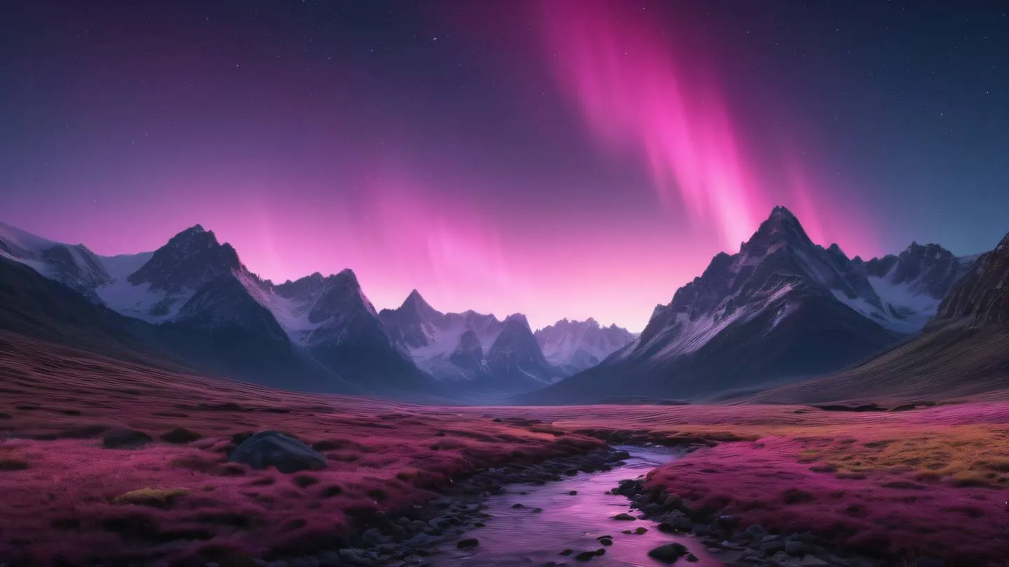 Rocky mountain peaks with streams of bright pink and yellow light dancing across the sky aurora-like effect high-quality ultra-realistic cinematic 8K UHD high resolution sharp and detail