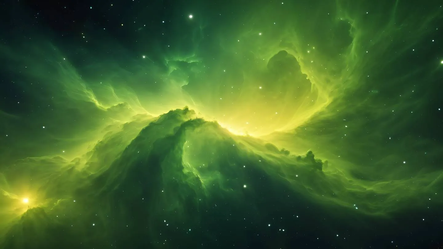 Nebula in space with swirling clouds of bright yellow and green gases creating ethereal patterns against the cosmic backdrop high-quality ultra-realistic cinematic 8K UHD high resolution sharp and detail