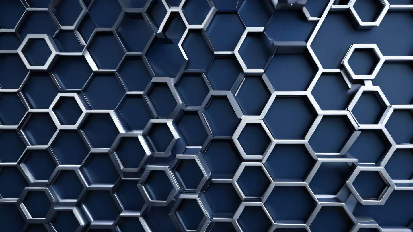 Abstract geometric pattern showing interlocking hexagonal shapes in bright navy and zinc colors with flowing lines connecting different segments suggesting modular organization high-quality ultra-realistic cinematic 8K UHD high resolution sharp and detail