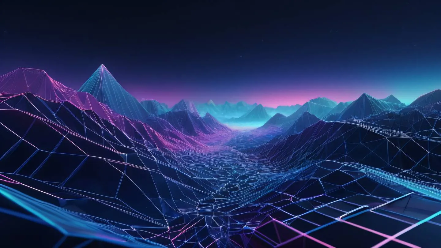 Abstract digital landscape with interconnected geometric shapes in bright iridescent and navy colors suggesting a modular ecosystem with flowing lines and patterns high-quality ultra-realistic cinematic 8K UHD high resolution sharp and detail