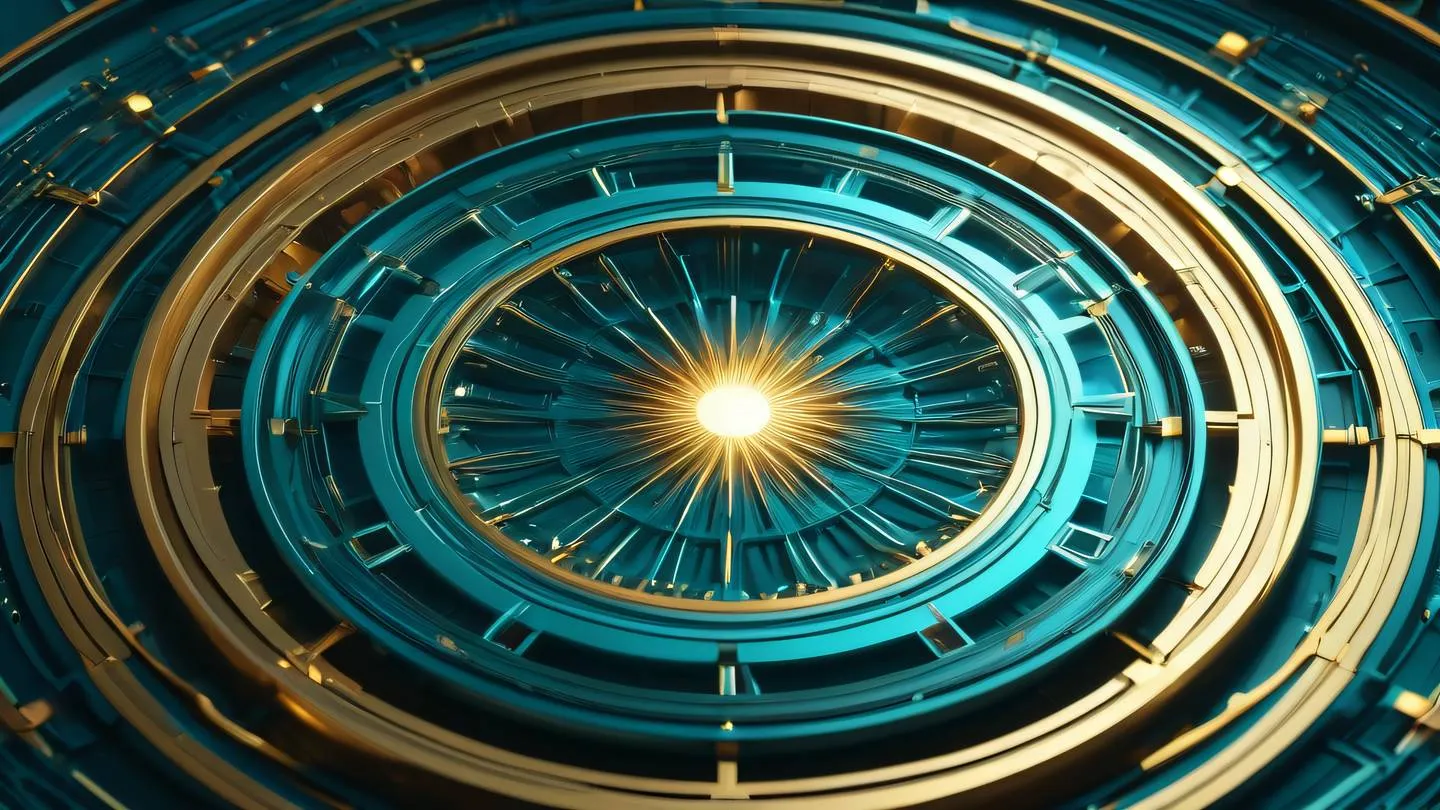 Abstract geometric patterns flowing in a circular motion featuring bright teal and sapphire elements interconnected with golden energy streams resembling a complex system diagram high-quality ultra-realistic cinematic 8K UHD high resolution sharp and detail