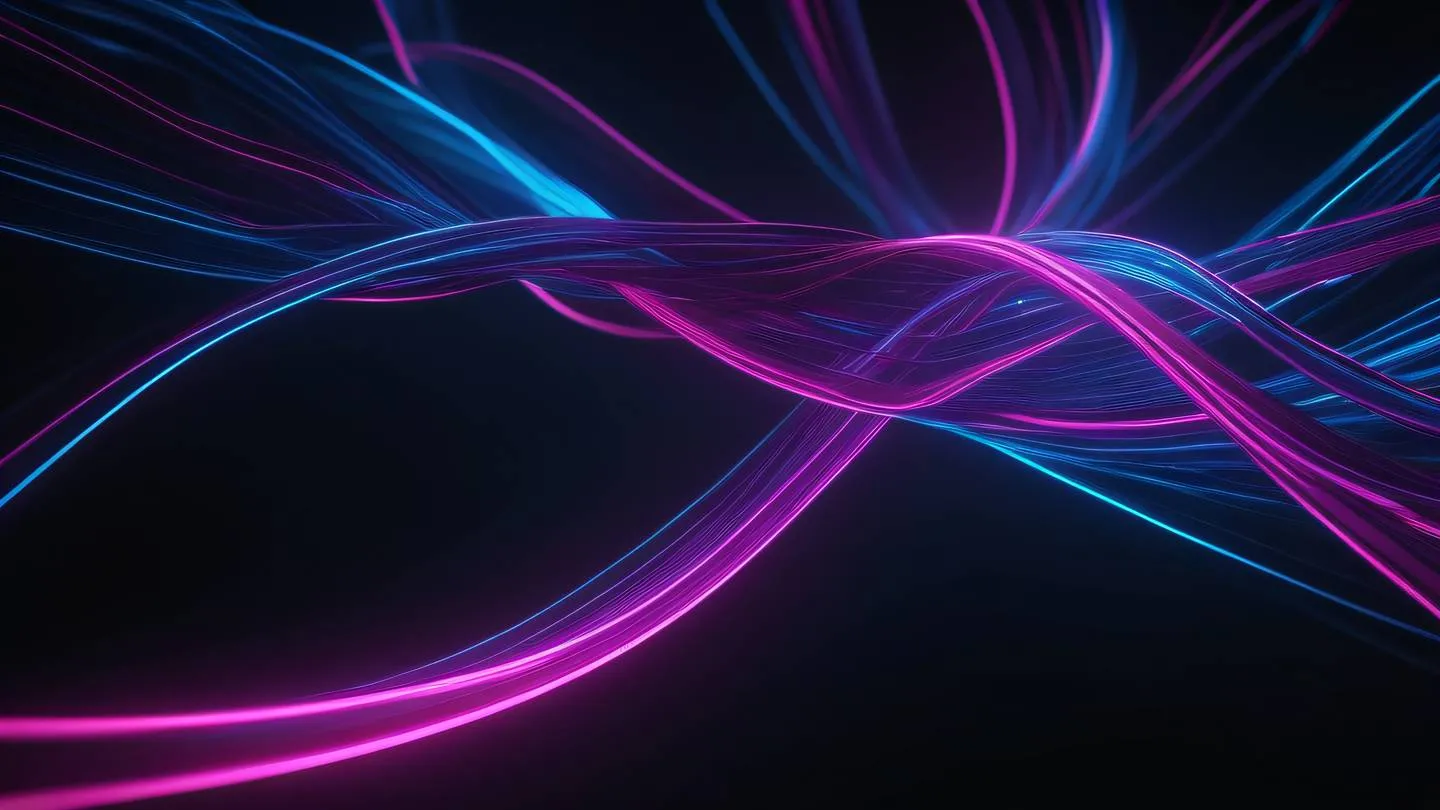 A flowing abstract digital art visualization of data streams featuring neon blue and vivid fuchsia ribbons of light intertwining in a dark space ultra-realistic cinematic 8K UHD high resolution sharp and detailed