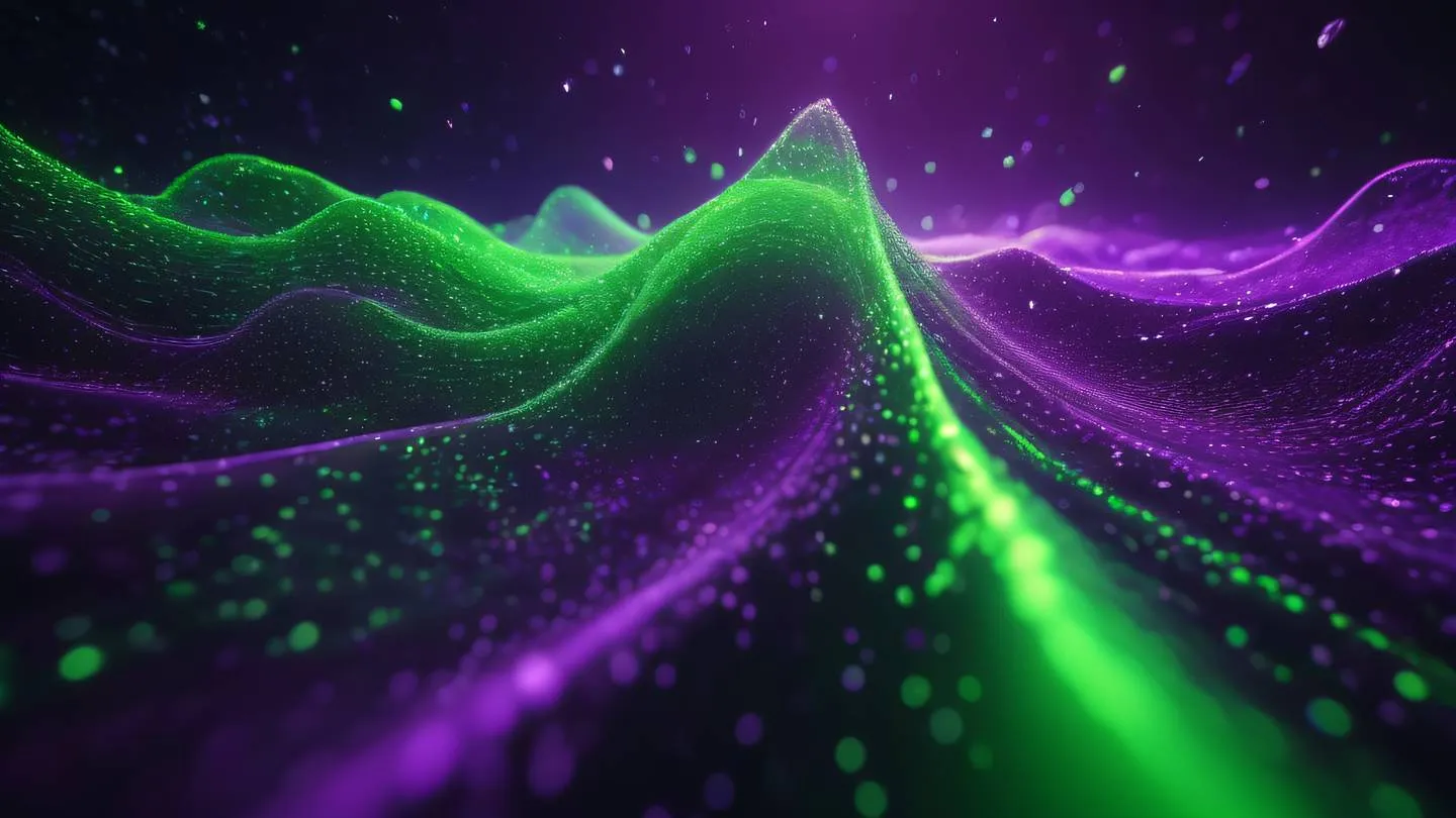 Abstract 3D render of geometric flowing particles in space featuring bright neon green and vivid purple colors representing data flow high-quality ultra-realistic cinematic 8K UHD