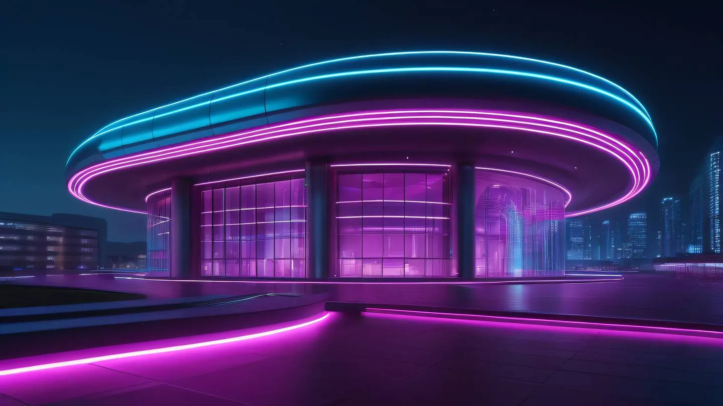 Modern architectural structure with flowing curves and lines illuminated with bright fuchsia and neon cyan lights representing data flow through a building high-quality ultra-realistic cinematic 8K