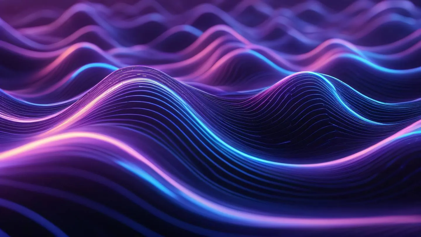 Flowing digital waves representing data streams with iridescent and violet light trails forming intricate patterns featuring crystalline structures high-quality ultra-realistic cinematic 8K UHD high resolution