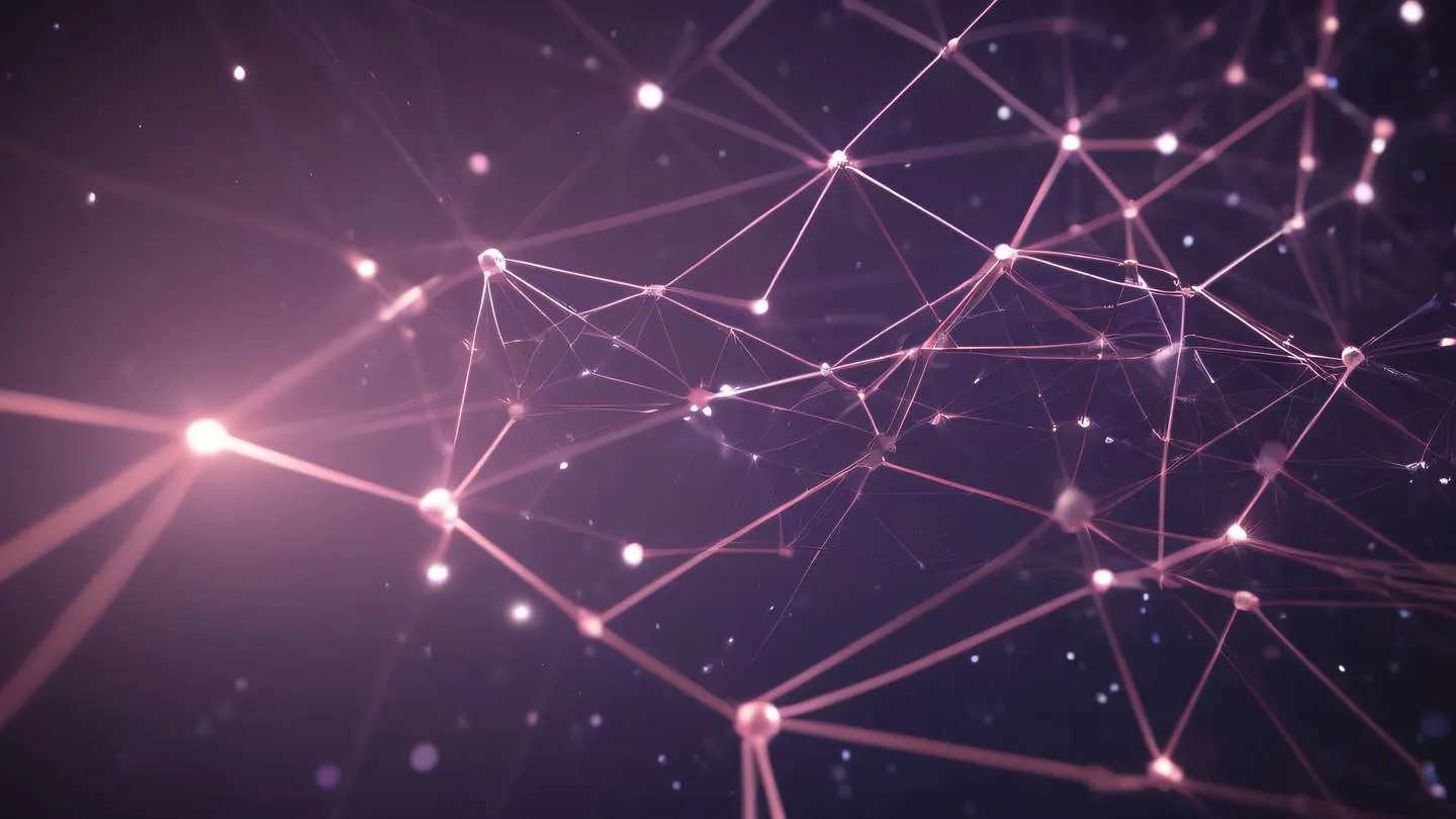 Abstract geometric constellation pattern with dusty lavender and rose colored nodes connected by glowing lines representing network connections ultra-realistic cinematic 8K UHD high resolution sharp and detailed