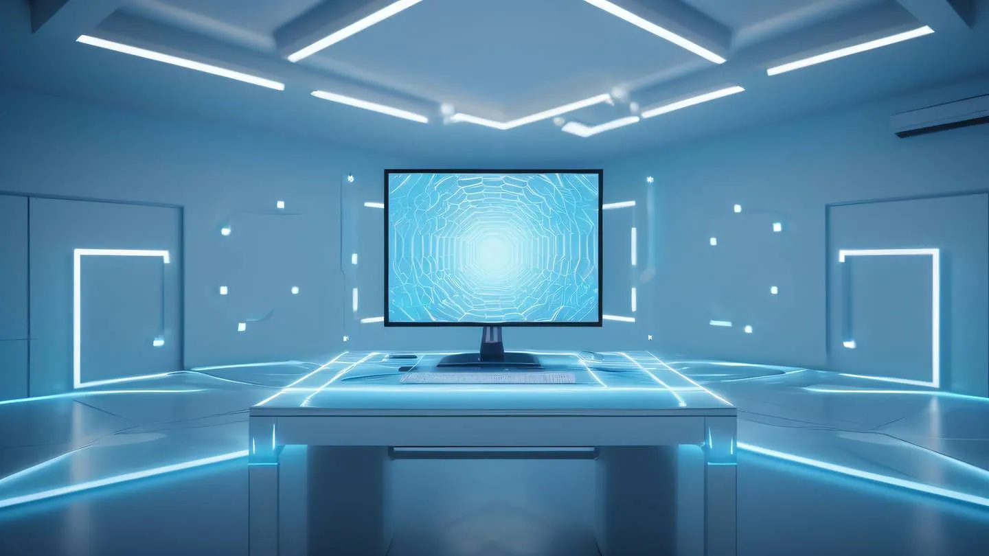 A modern minimalist tech workspace with glowing iridescent and sky blue geometric patterns floating in the air ultra-realistic cinematic 8K UHD high resolution sharp and detail