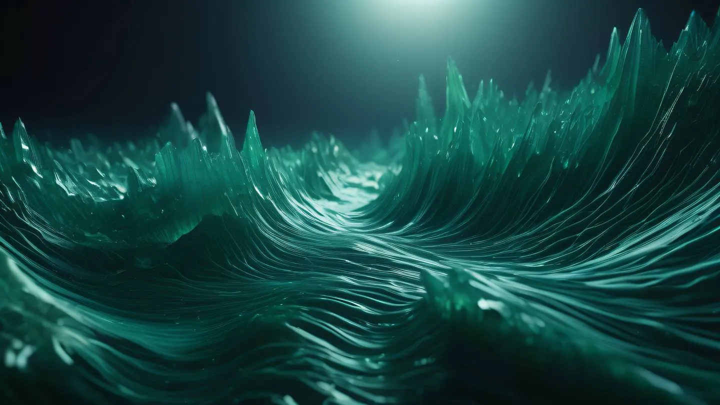 Abstract digital landscape with flowing emerald and navy streams of light representing data flow through crystalline structures high-quality ultra-realistic cinematic 8K UHD high resolution sharp and detail