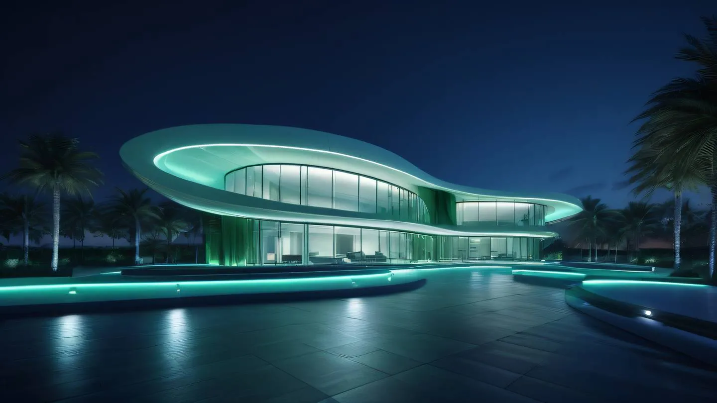 Elegant modern architectural structure with smooth curves and flowing lines illuminated by emerald and navy lighting creating a sense of harmony and technology high-quality ultra-realistic cinematic 8K UHD high resolution sharp and detail