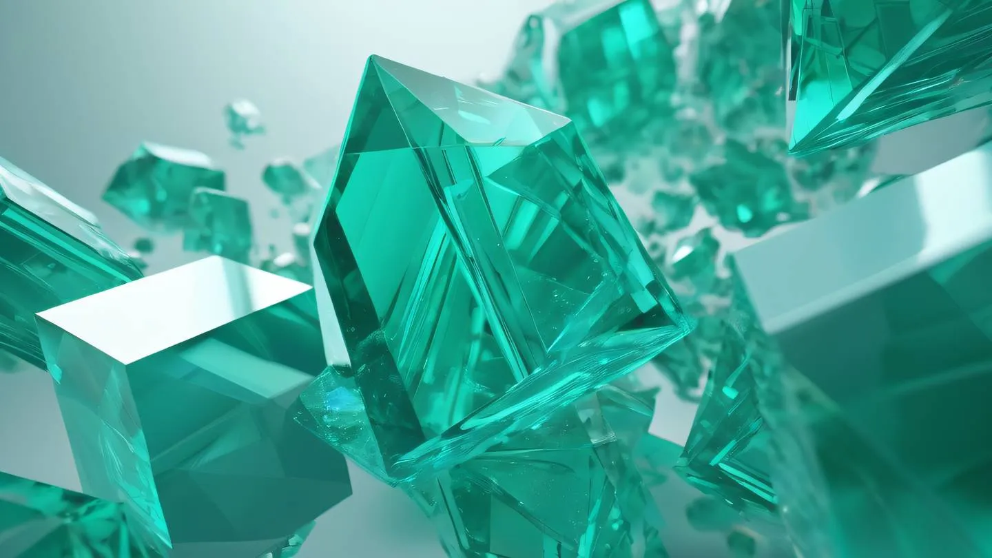 Abstract 3d rendered crystalline structure representing different types of errors with emerald green and sky blue geometric patterns floating in space featuring sharp edges and translucent surfaces ultra-realistic cinematic 8K UHD high resolution