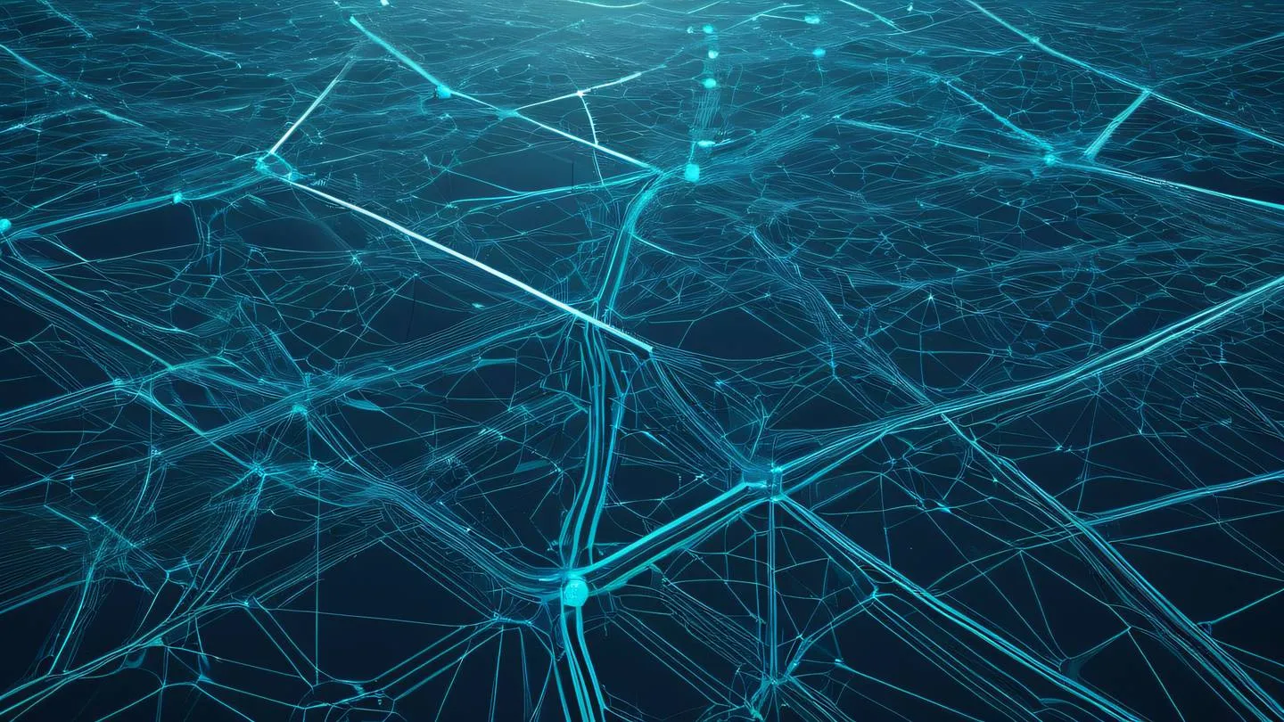 Aerial view of an abstract digital landscape with interconnected nodes and pathways featuring bright cyan and navy geometric patterns representing error handling flow ultra-realistic cinematic 8K UHD high resolution