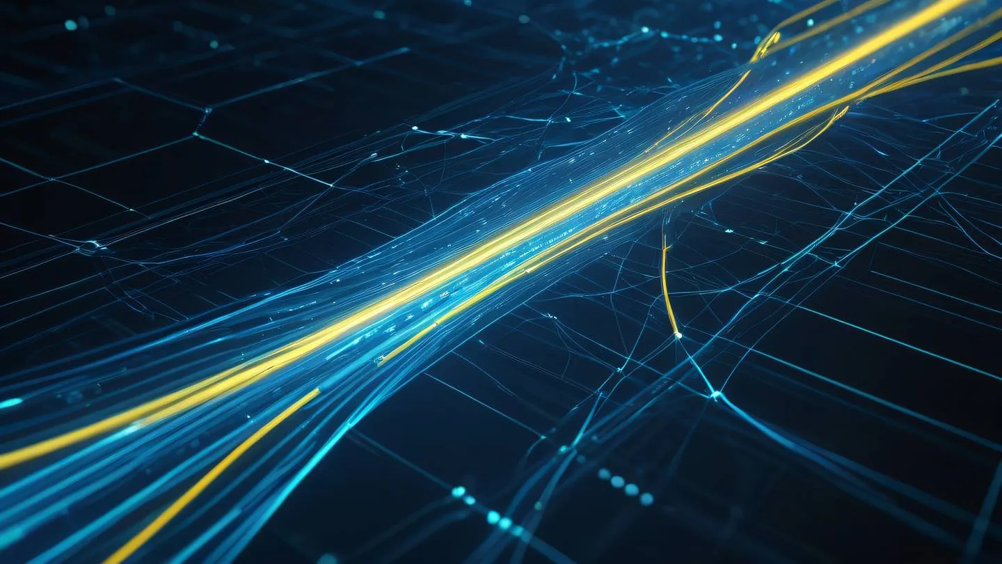 Abstract technology concept visualization with flowing blue and yellow energy streams interconnected nodes representing package dependencies high-quality ultra-realistic cinematic 8K UHD high resolution sharp and detail