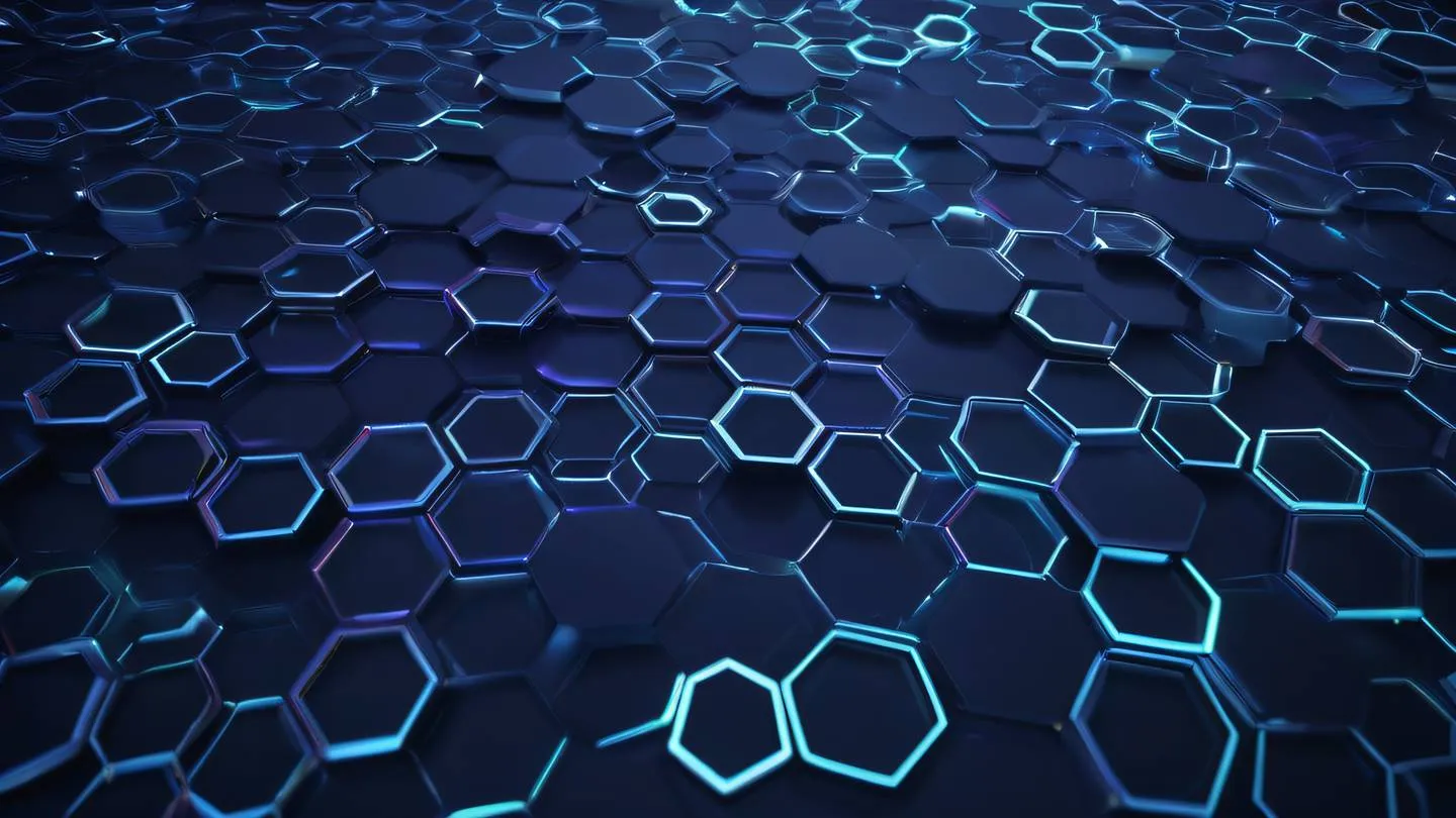 Geometric abstract pattern with interconnected hexagons in iridescent and cool tones representing network of dependencies floating in space high-quality ultra-realistic cinematic 8K UHD high resolution sharp and detail