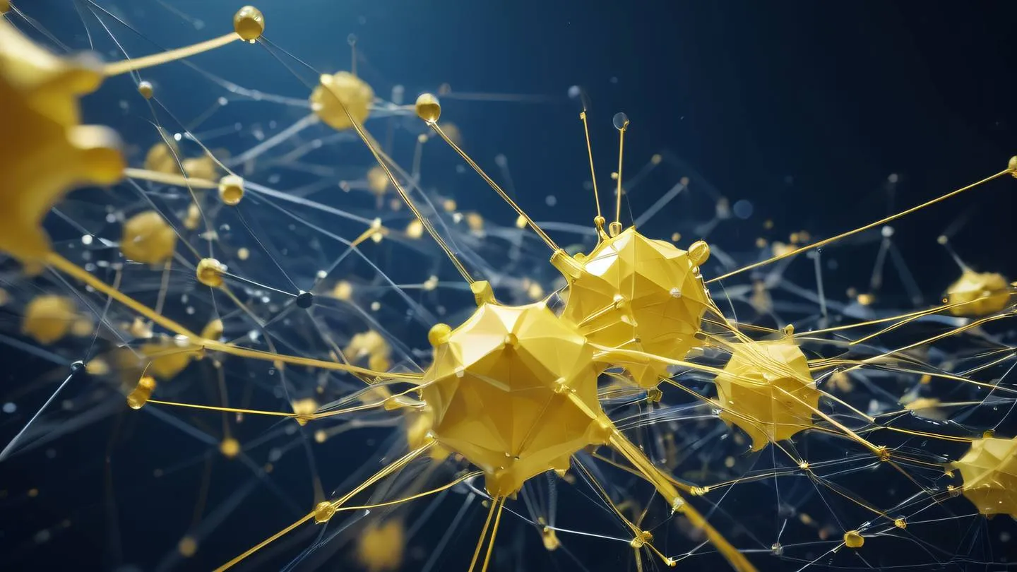 A futuristic abstract visualization of network connections and data flow featuring bright yellow and creamy white crystalline structures against a deep blue background ultra-realistic cinematic 8K UHD high resolution sharp and detailed