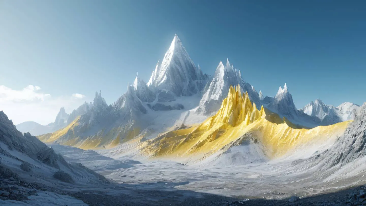 Ethereal mountain landscape made of crystalline structures with bright yellow and creamy white peaks against gray-blue sky environment concept art high-quality ultra-realistic cinematic 8K UHD sharp and detailed