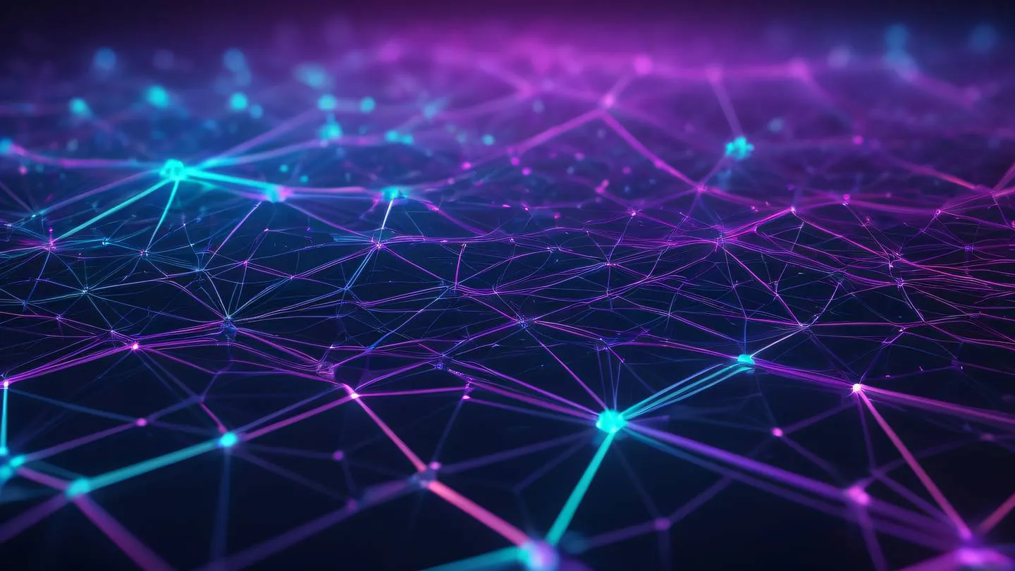 Abstract geometric pattern with interconnected nodes and pathways representing testing connections and code coverage bright holographic colors with purple and cyan gradients ultra-realistic cinematic 8K UHD high resolution sharp and detail