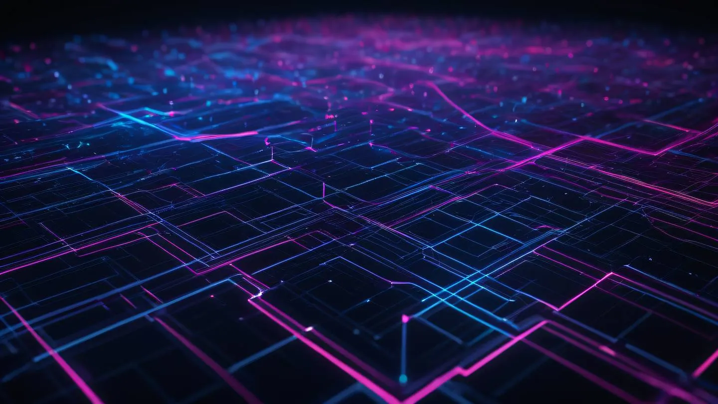 Complex network of glowing blue and fuchsia lines forming a geometric pattern against a dark background representing code pathways and test coverage metrics high-quality ultra-realistic cinematic 8K UHD high resolution sharp and detail