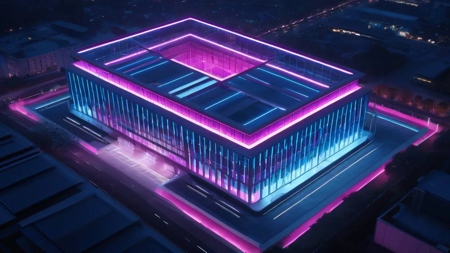 Modern architectural structure with clean lines and geometric patterns lit with bright fuchsia and cool blue lighting representing structured testing framework aerial view high-quality ultra-realistic cinematic 8K UHD high resolution sharp and detail