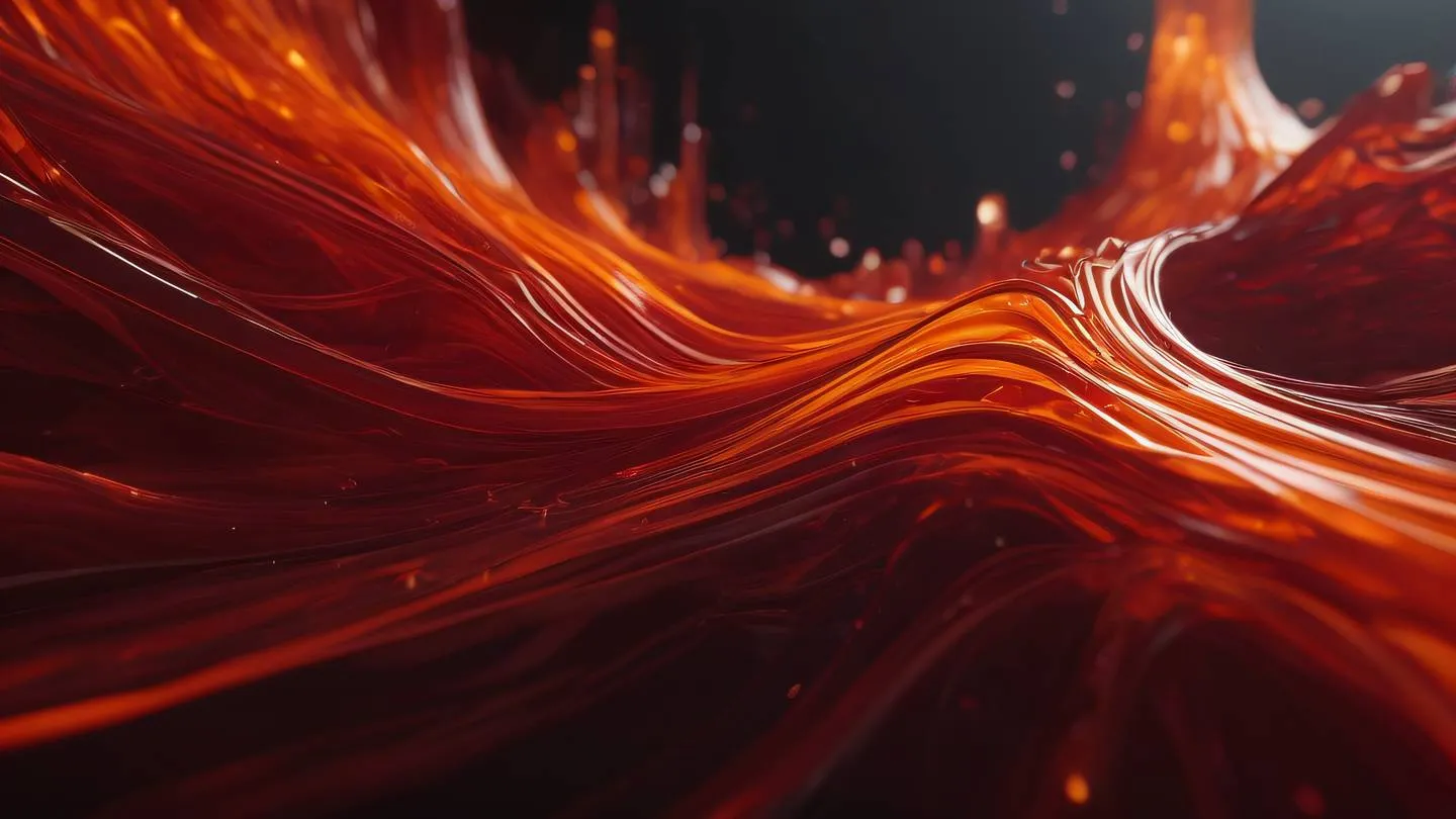 A futuristic data stream visualization flowing through abstract geometric shapes bold orange and blood red color scheme flowing liquid-like data streams interweaving through crystalline structures dramatic side angle perspective high-quality ultra-realistic cinematic 8K UHD high resolution sharp and detail