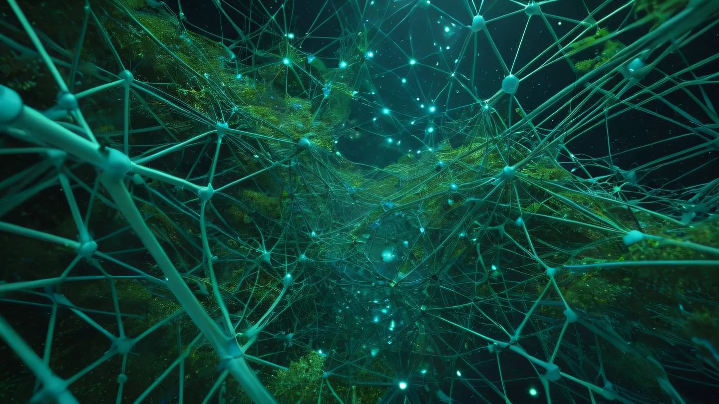 Abstract network of interconnected nodes floating in space turquoise blue and fresh moss green color palette geometric patterns with organic flow captured from a low angle looking up high-quality ultra-realistic cinematic 8K UHD high resolution sharp and detail