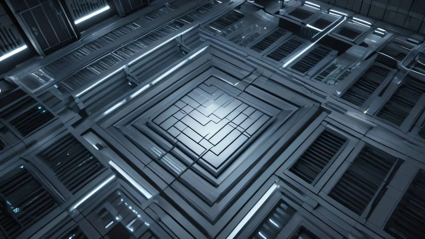 Abstract data center visualization with geometric patterns and light rays minimal and modern greys color scheme architectural perspective shot from above high-quality ultra-realistic cinematic 8K UHD high resolution sharp and detail