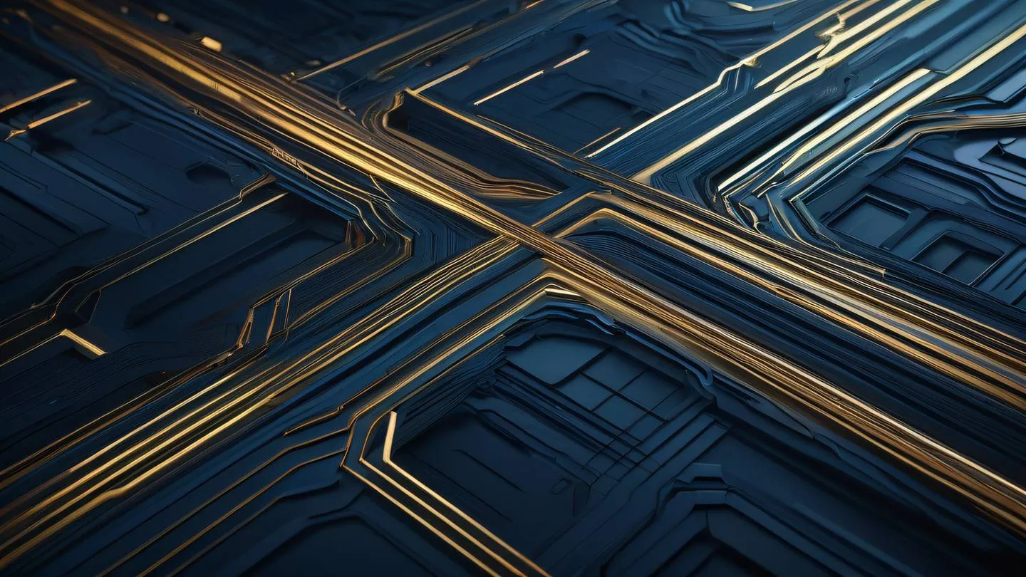 A complex interconnected system of geometric shapes and flowing energy streams dark color scheme with deep blues and subtle golden highlights dramatic aerial perspective high-quality ultra-realistic cinematic 8K UHD high resolution sharp and detail