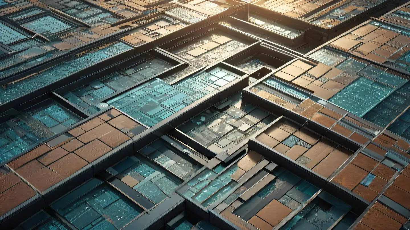 Abstract modern technology themed art with floating geometric shapes and lines composed of sun-washed brick and etched glass colors featuring intricate patterns suggesting connectivity and data flow viewed from a slightly elevated perspective high-quality ultra-realistic cinematic 8K UHD high resolution sharp and detail