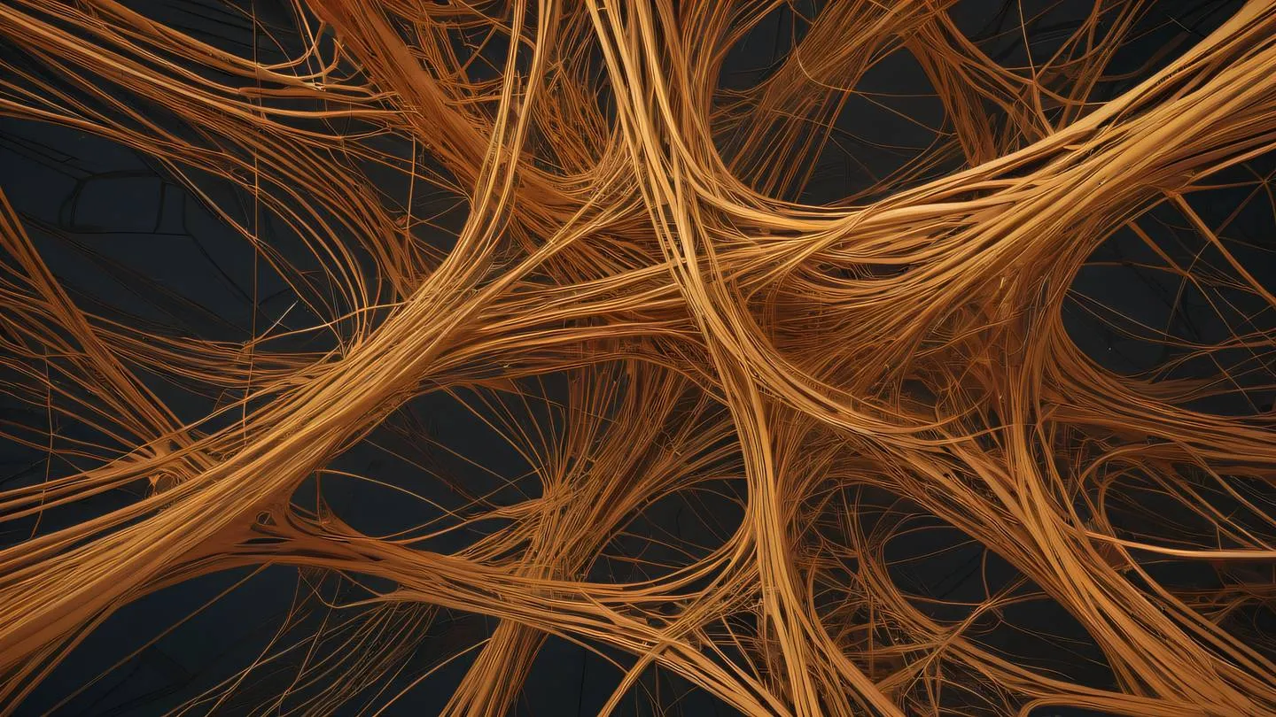 Minimalist abstract composition of interconnected flowing lines and nodes in breezeway and warm tones suggesting a network structure captured from top-down perspective high-quality ultra-realistic cinematic 8K UHD high resolution sharp and detail