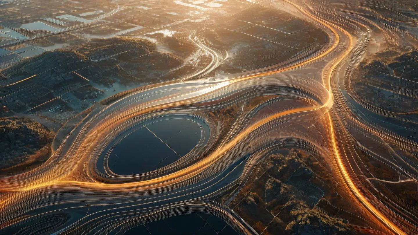 Modern abstract technological landscape with flowing data streams in etched glass and warm colors featuring organic curves and geometric patterns viewed from a bird's eye perspective high-quality ultra-realistic cinematic 8K UHD high resolution sharp and detail