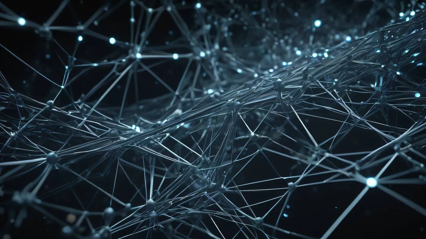 A futuristic abstract network of glowing data streams flowing through interconnected nodes featuring metallic zinc and silver tones against a dark background shot from a top-down perspective high-quality ultra-realistic cinematic 8K UHD high resolution sharp and detail