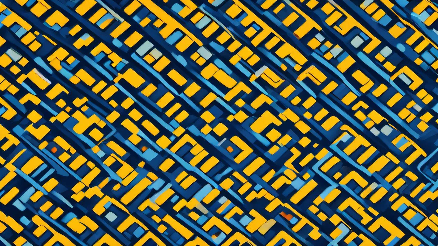 Abstract geometric patterns representing data flow optimization featuring minimalist yellow orange and blue colors creating a seamless flow pattern captured from a diagonal angle high-quality ultra-realistic cinematic 8K UHD high resolution sharp and detail