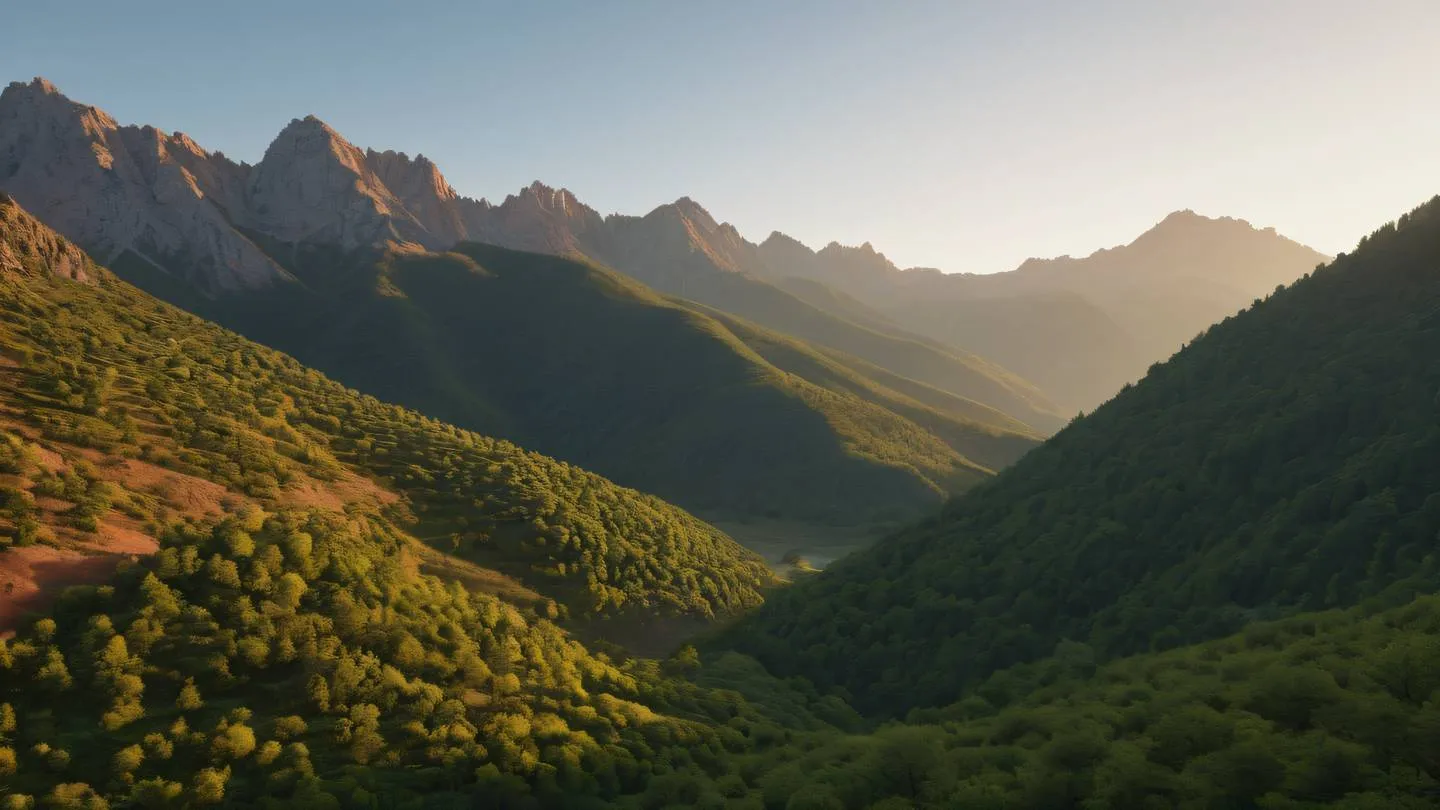 A serene landscape showing rustic terracotta mountains and forest green valleys interweaving in perfect harmony photographed from a low angle during golden hour high-quality ultra-realistic cinematic 8K UHD high resolution sharp and detail