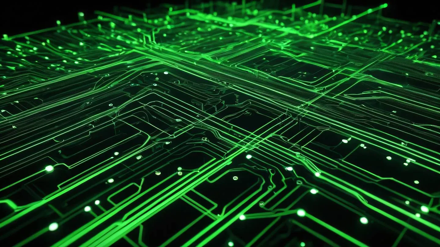 A futuristic abstract network of glowing bright green circuits and connections against a black background representing data flow and web scraping shot from top-down perspective high-quality ultra-realistic cinematic 8K UHD high resolution sharp and detail