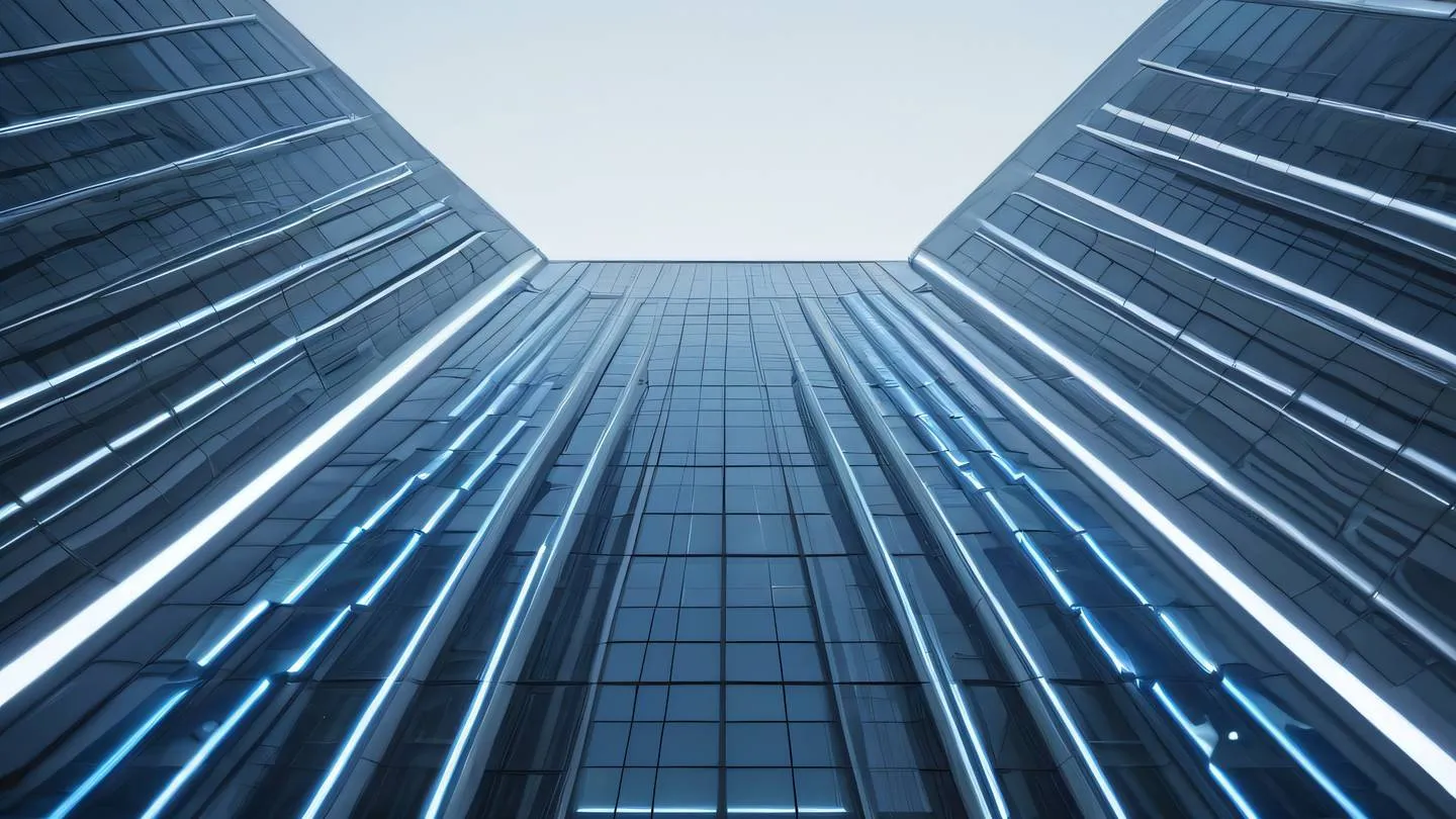 A sleek minimalist cityscape with neon white and electric blue accents reflecting off glass surfaces architectural elements arranged in perfect symmetry shot from a low angle perspective high-quality ultra-realistic cinematic 8K UHD high resolution sharp and detail