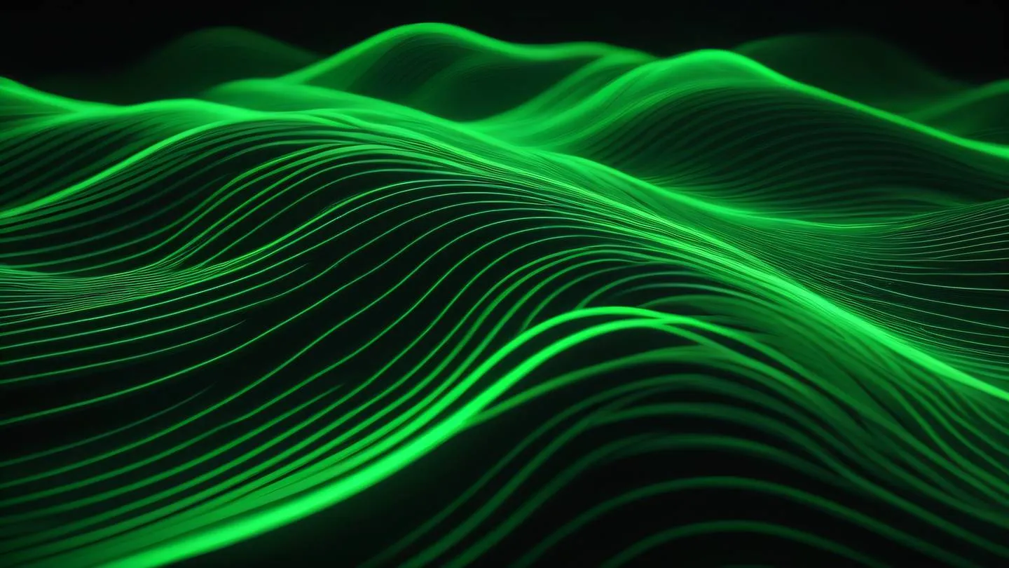 An abstract composition of bright neon green energy waves flowing through a black void creating intricate patterns and movements captured from a birds-eye perspective high-quality ultra-realistic cinematic 8K UHD high resolution sharp and detail