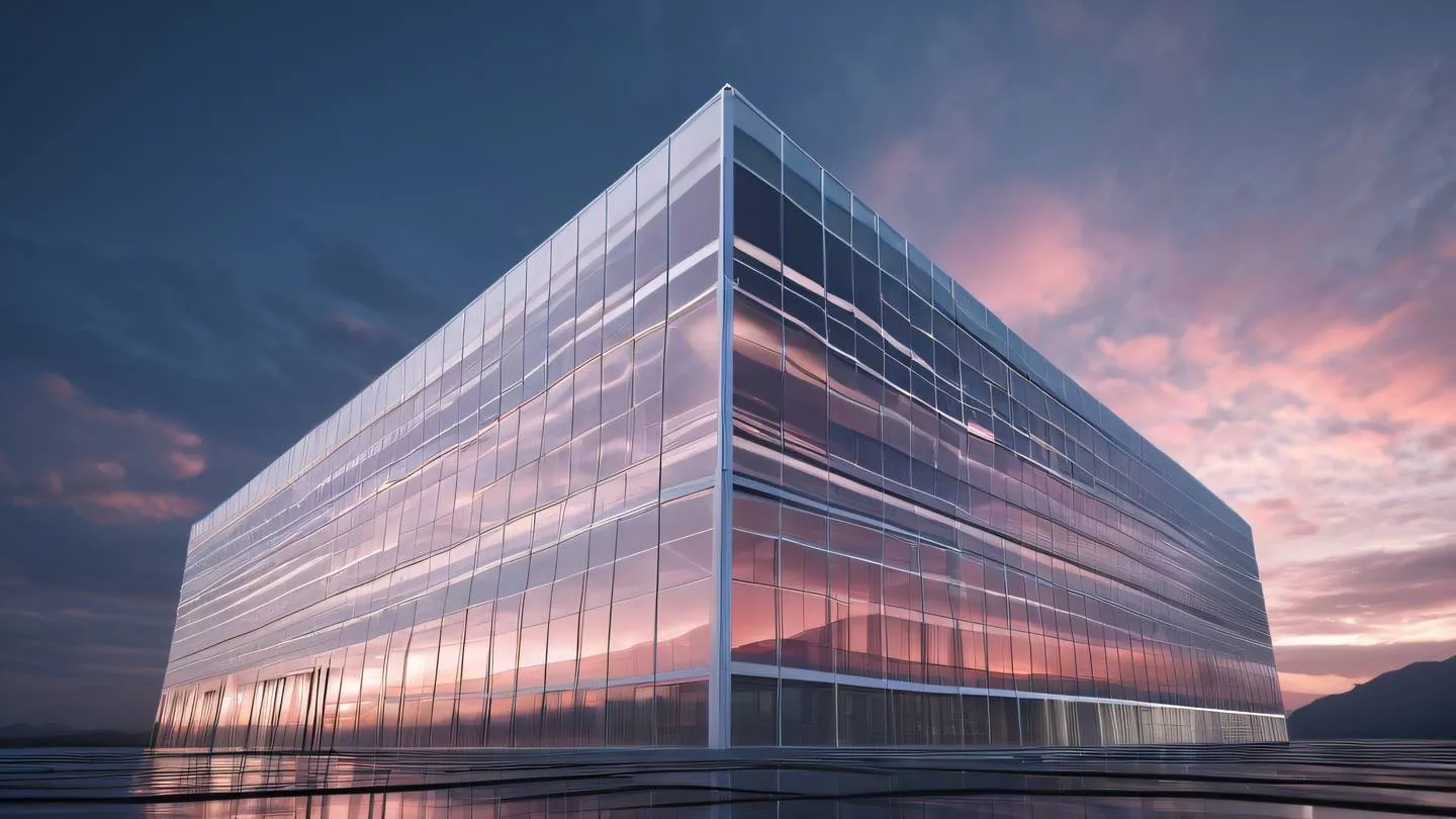 An abstract modern data center building with flowing lines and curves featuring white and rose gradient colors glass surfaces reflecting clouds viewed from a dramatic low angle perspective high-quality ultra-realistic cinematic 8K UHD high resolution sharp and detail