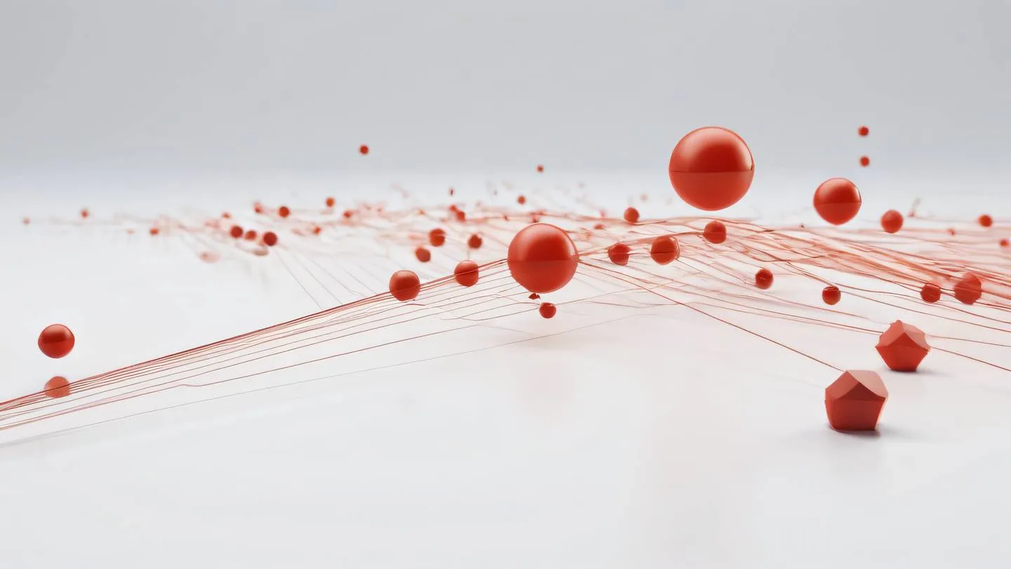 Abstract representation of a debugging process with floating perfect red and ochre colored geometric shapes against a clean white background showing a harmonious flow of data shot from a cinematic side angle high-quality ultra-realistic cinematic 8K UHD high resolution sharp and detail