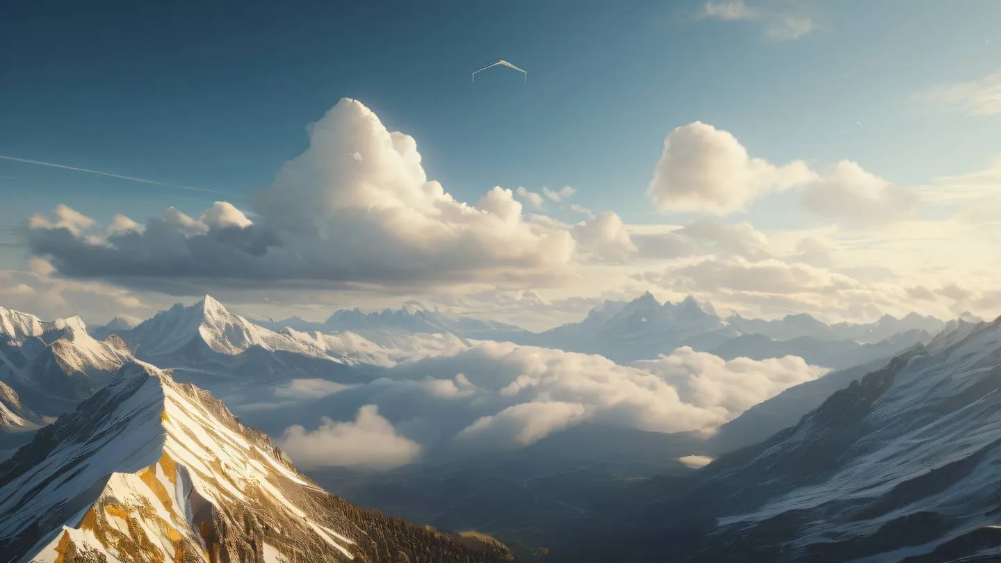 Serene landscape of geometric clouds in yellow and white tones floating above stylized mountain shapes captured from a dramatic upward angle high-quality ultra-realistic cinematic 8K UHD high resolution sharp and detail