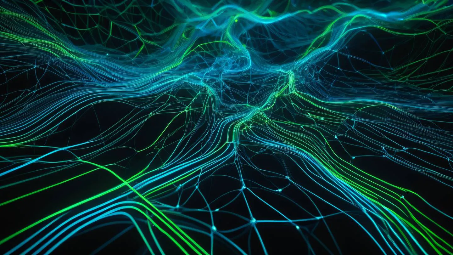 Abstract technology network mesh in bright neon blue and electric green colors flowing like digital rivers across a black backdrop shot from top-down perspective high-quality ultra-realistic cinematic 8K UHD high resolution sharp and detail